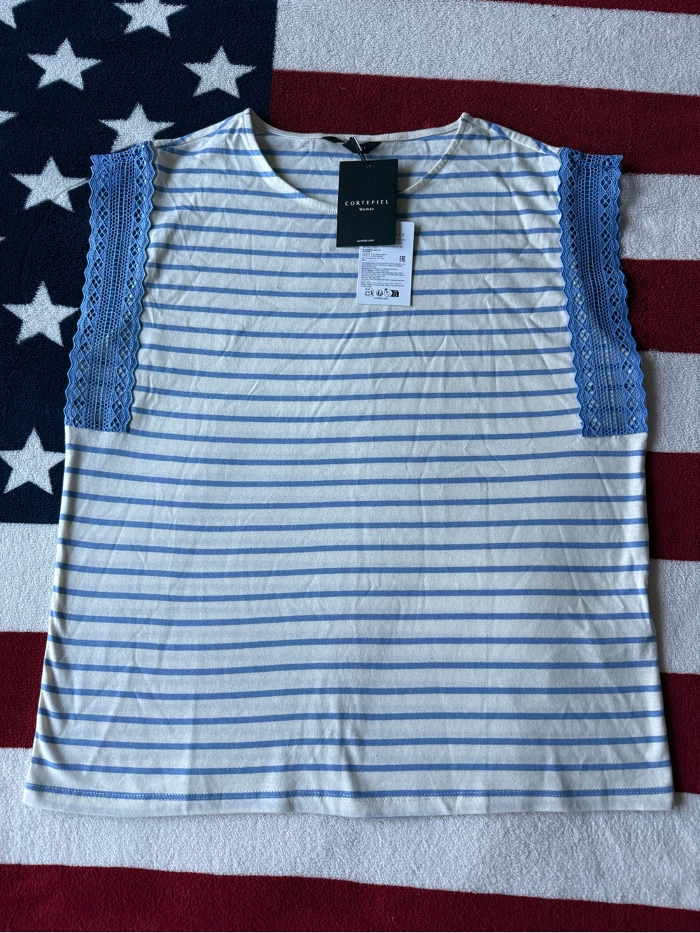 Cortefiel Blue Stripe Lace-Sleeve Short-Sleeve Tee